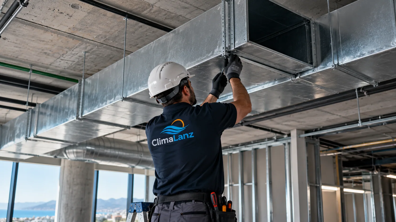 Técnico de ClimaLanz montando conductos de climatización en una instalación hotelera