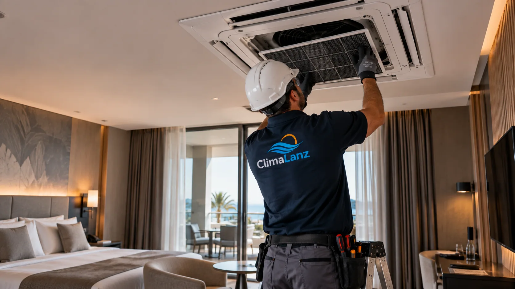 Técnico de ClimaLanz revisando el cassette de climatización de una habitación de hotel