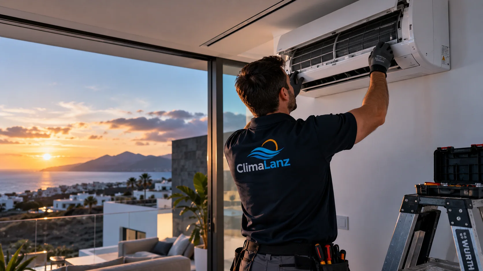 Técnico de ClimaLanz instalando una unidad interior de climatización en una vivienda al atardecer