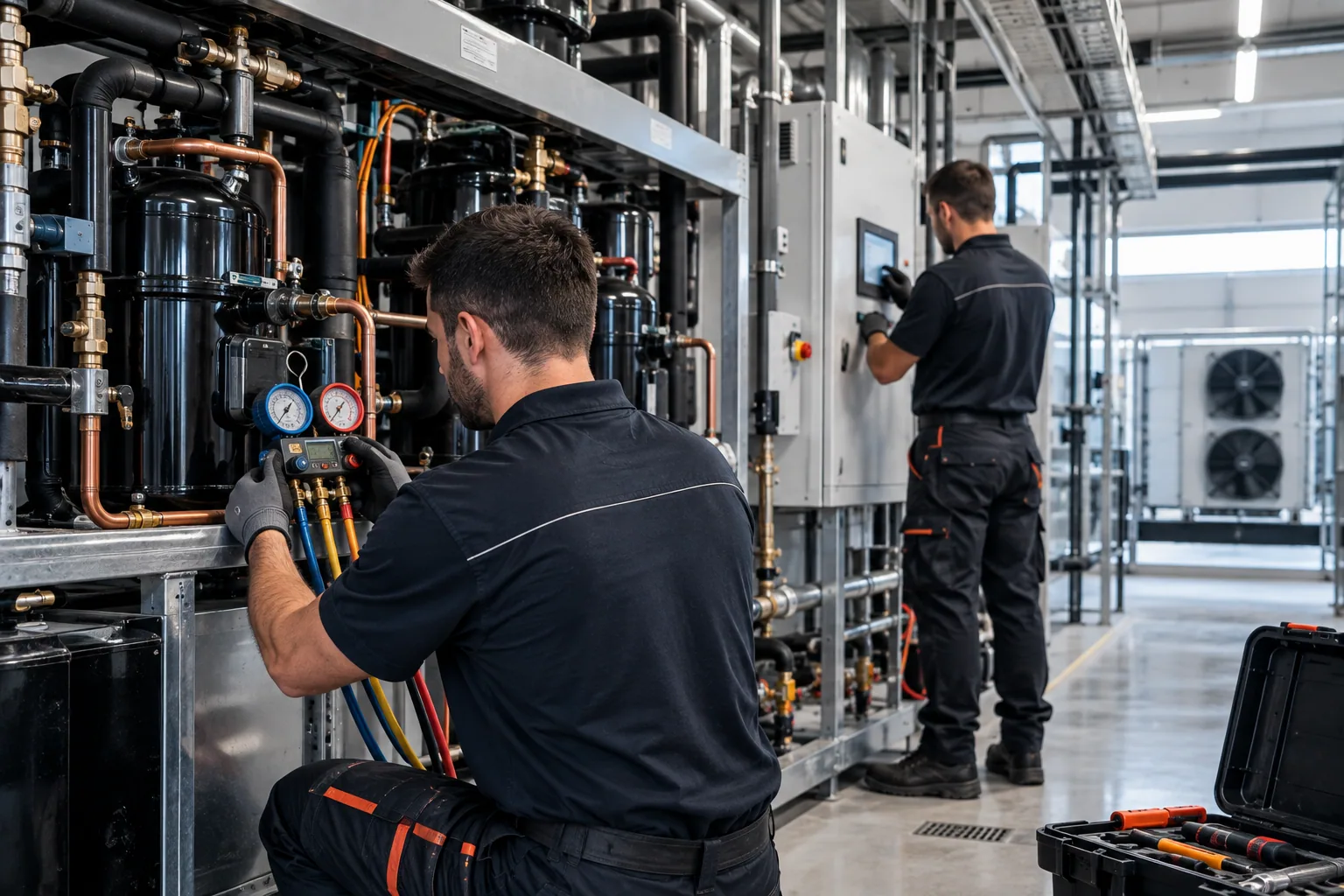 Central de refrigeración comercial con compresores y colectores
