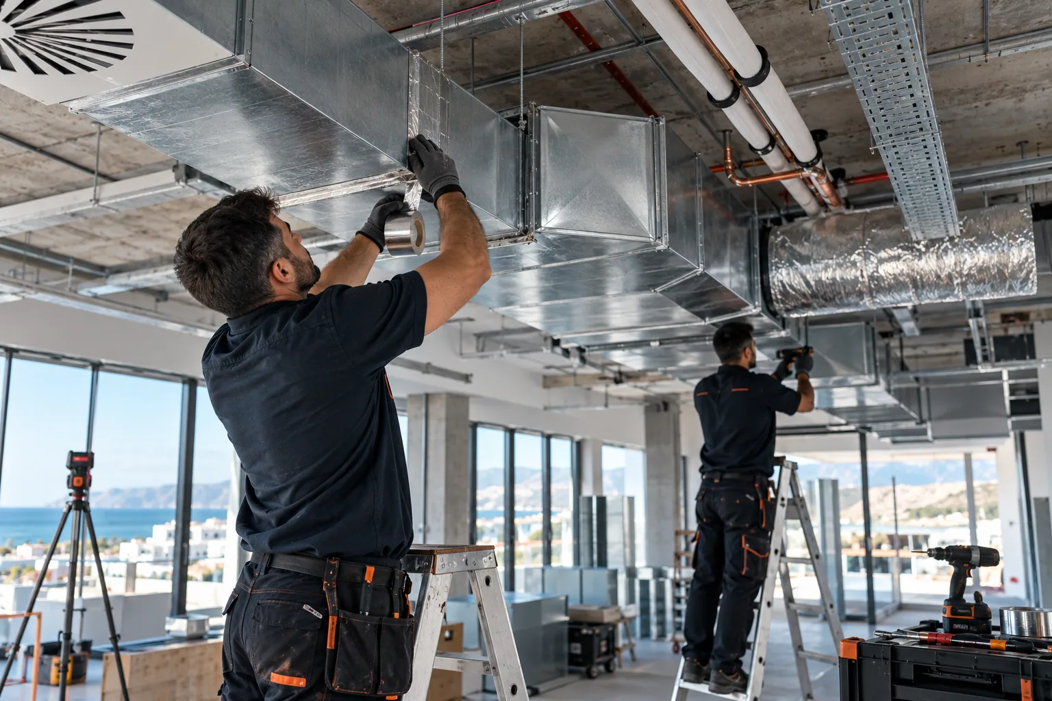 Técnicos de ClimaLanz montando conductos y difusores de ventilación